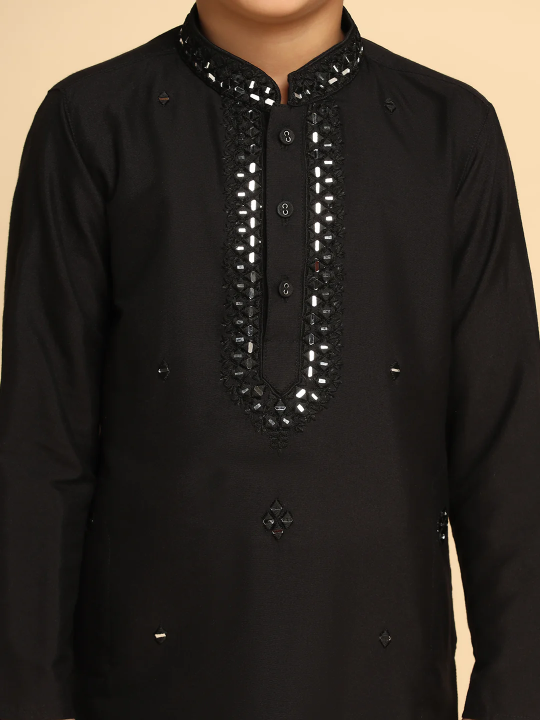 Boy's Black Mirror Work Embroidered Kurta Churidar Set - Image 5