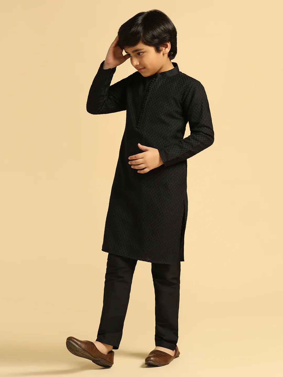 Boy's Black Self Design Kurta Pyjama Set - Image 3