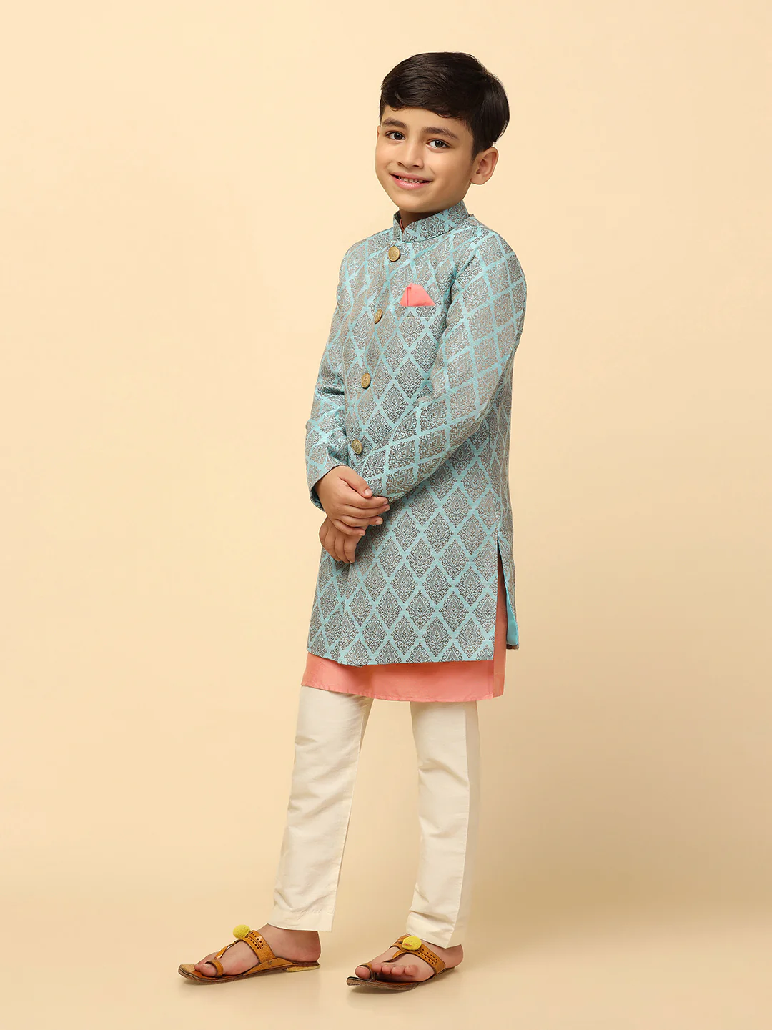 Boy's Blue Kurta Indowestern Pyjama Set - Image 2