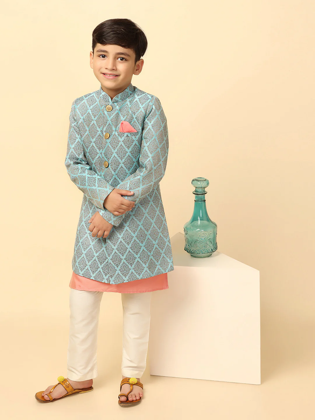Boy's Blue Kurta Indowestern Pyjama Set - Image 6
