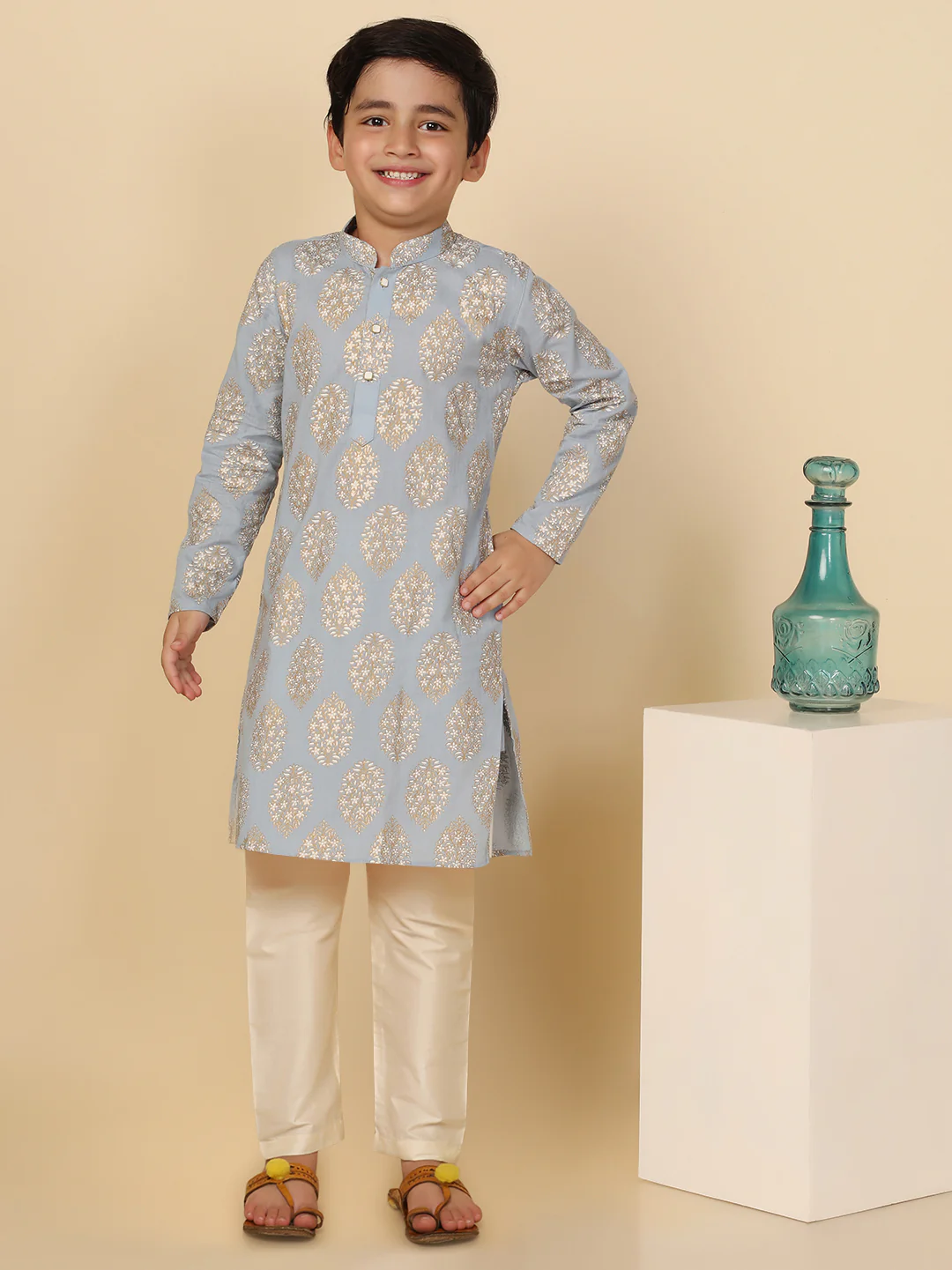 Boys Blue Kurta Pyjama Set - Image 7