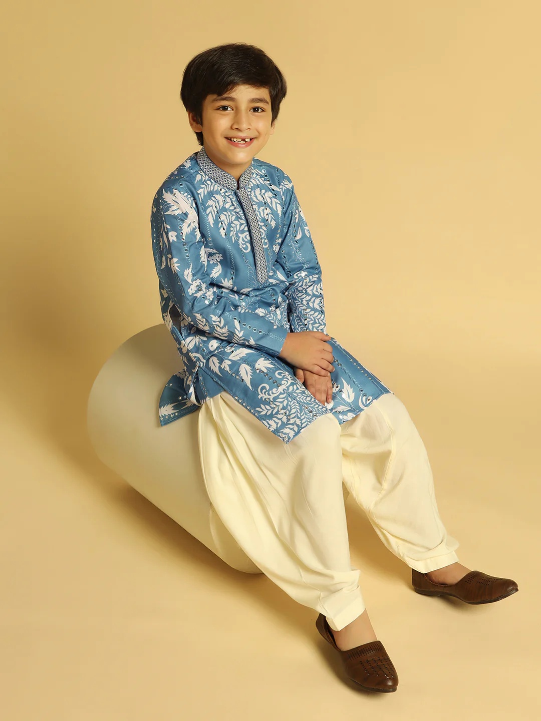 Boy's Blue Printed Thread Work Kurta Patiala Set