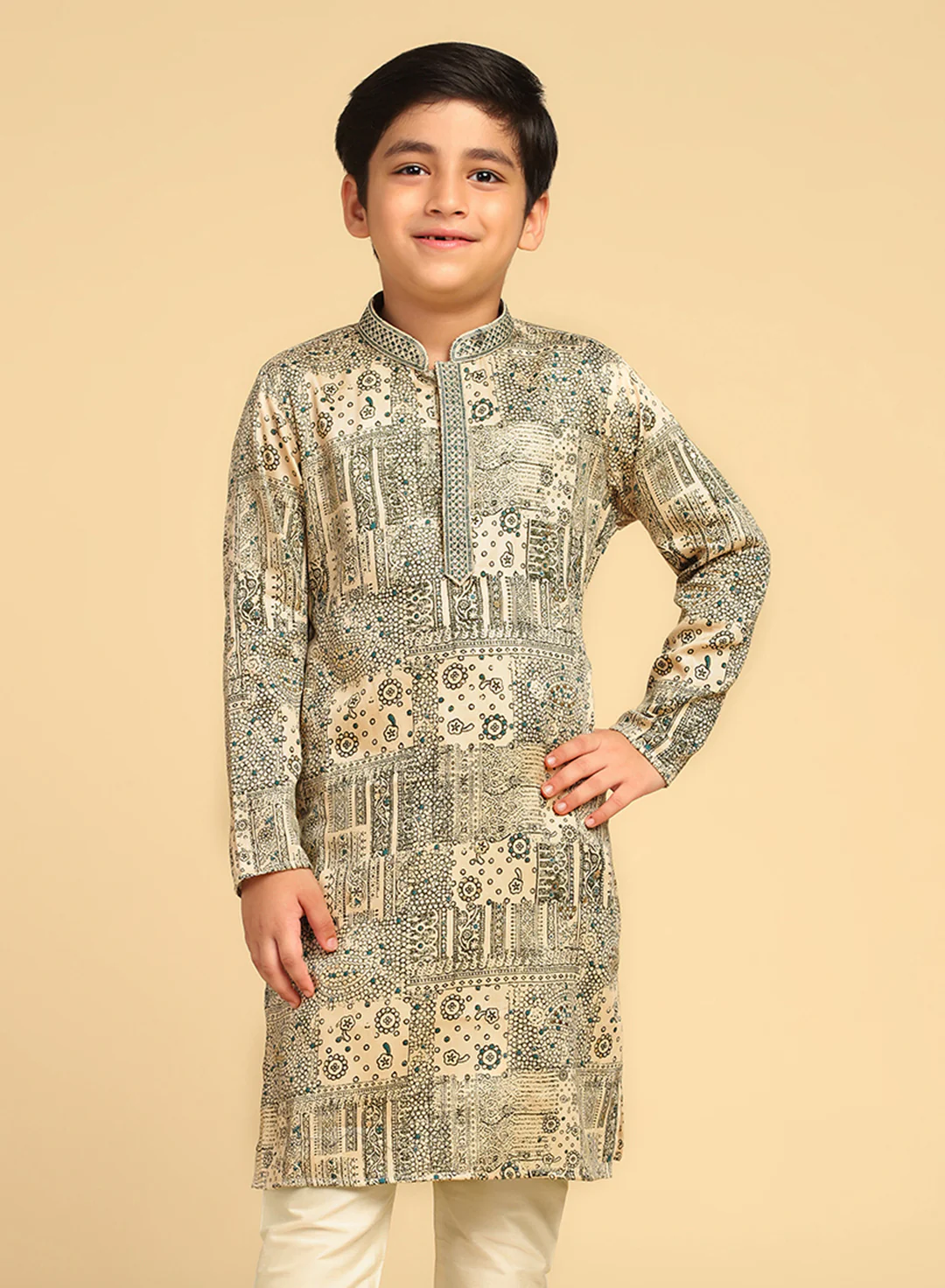 Boy's Bottle Green Foil Print Abstract Kurta