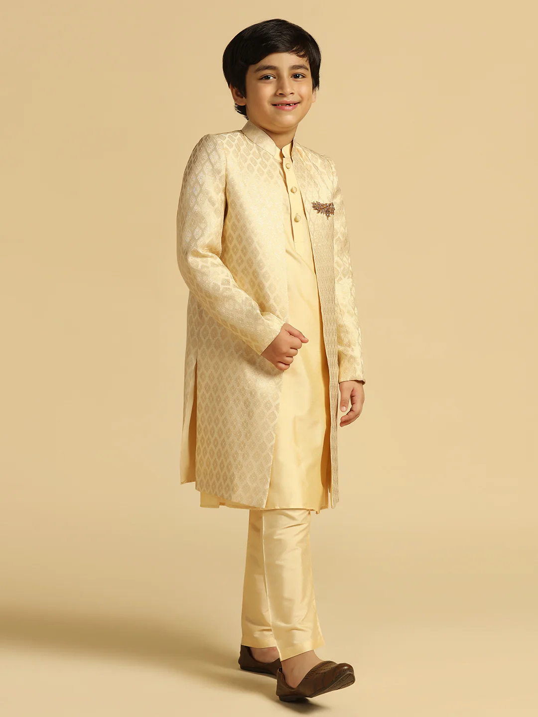 Boy's Cream Embellished Kurta Indowestern Pyjama Set - Image 3