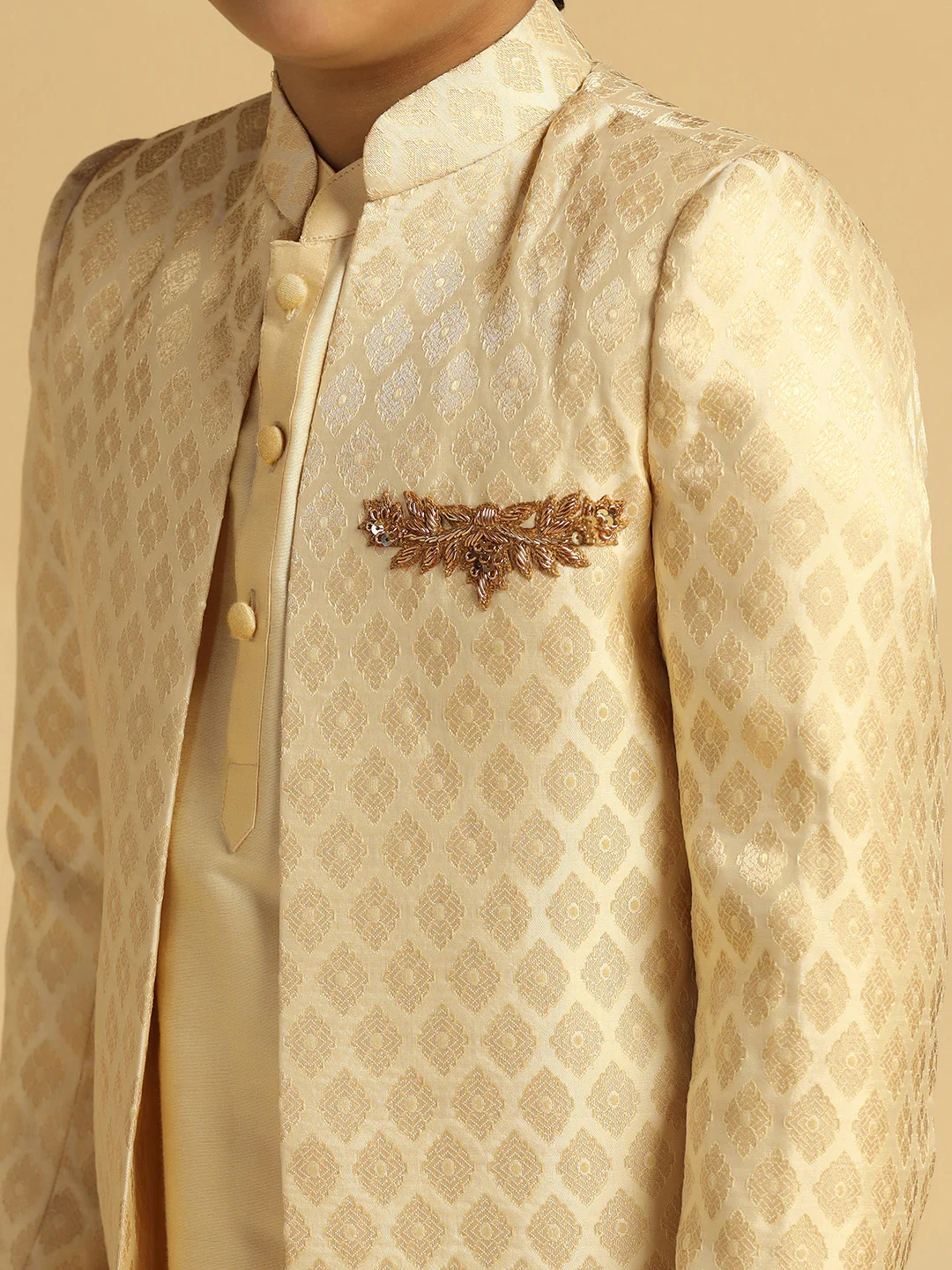 Boy's Cream Embellished Kurta Indowestern Pyjama Set - Image 5