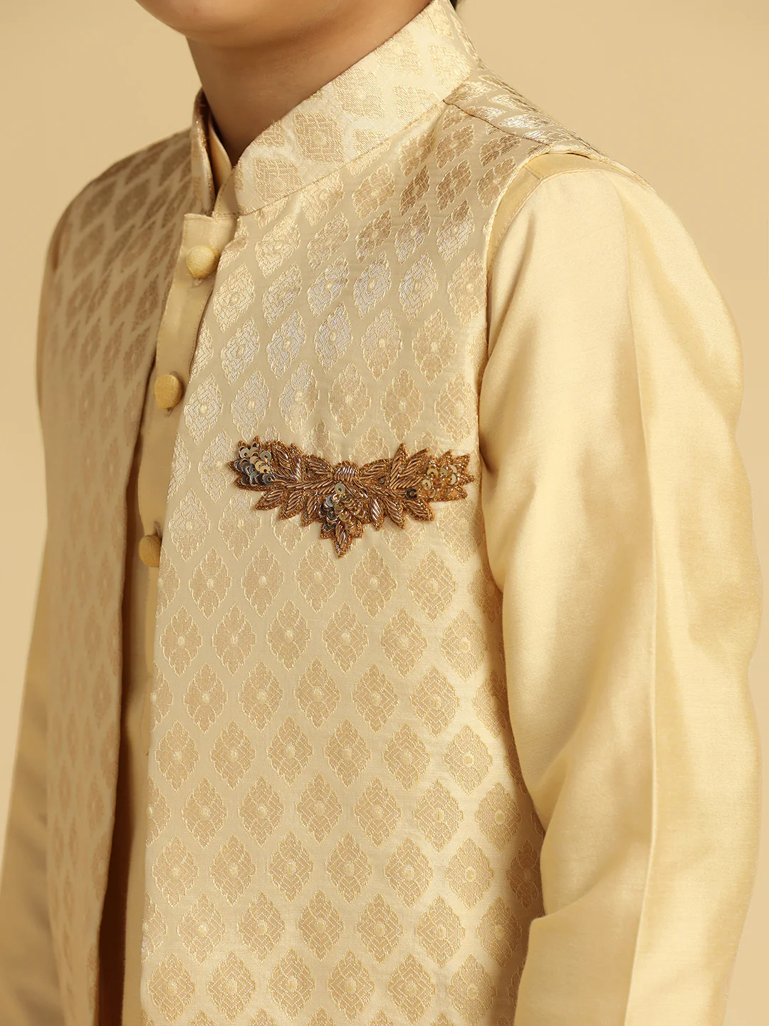 Boy's Cream Embellished Kurta Jacket Pyjama Set - Image 5