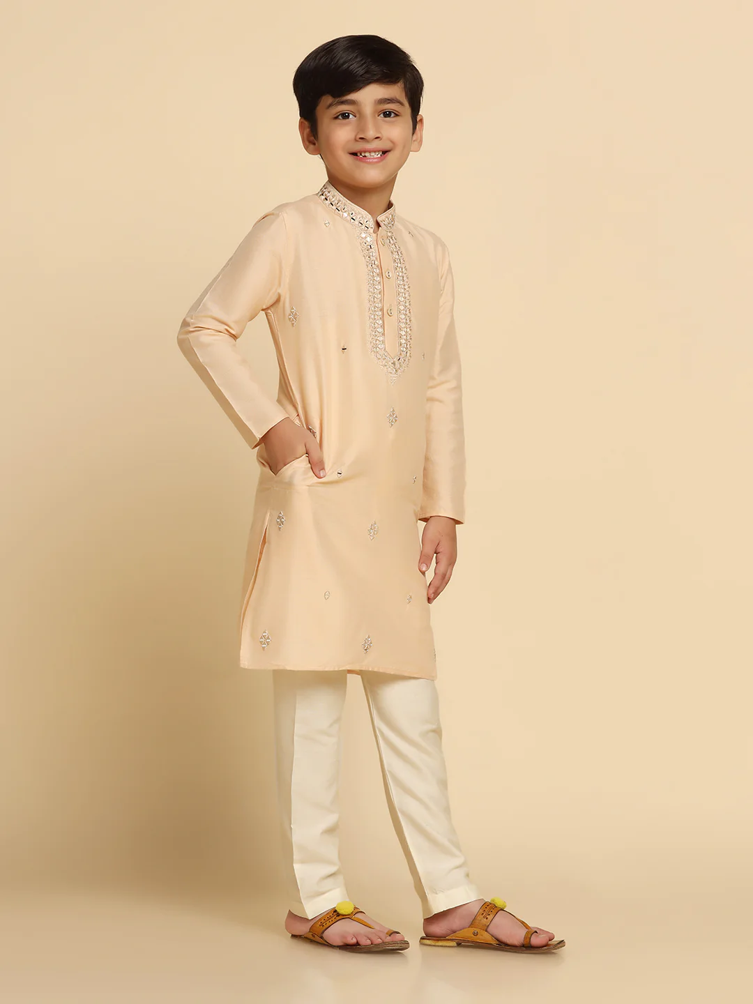 Boy's Cream Self Design Kurta - Image 2