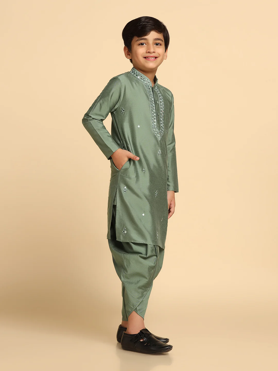 Boy's Green kurta Dhoti Set - Image 2
