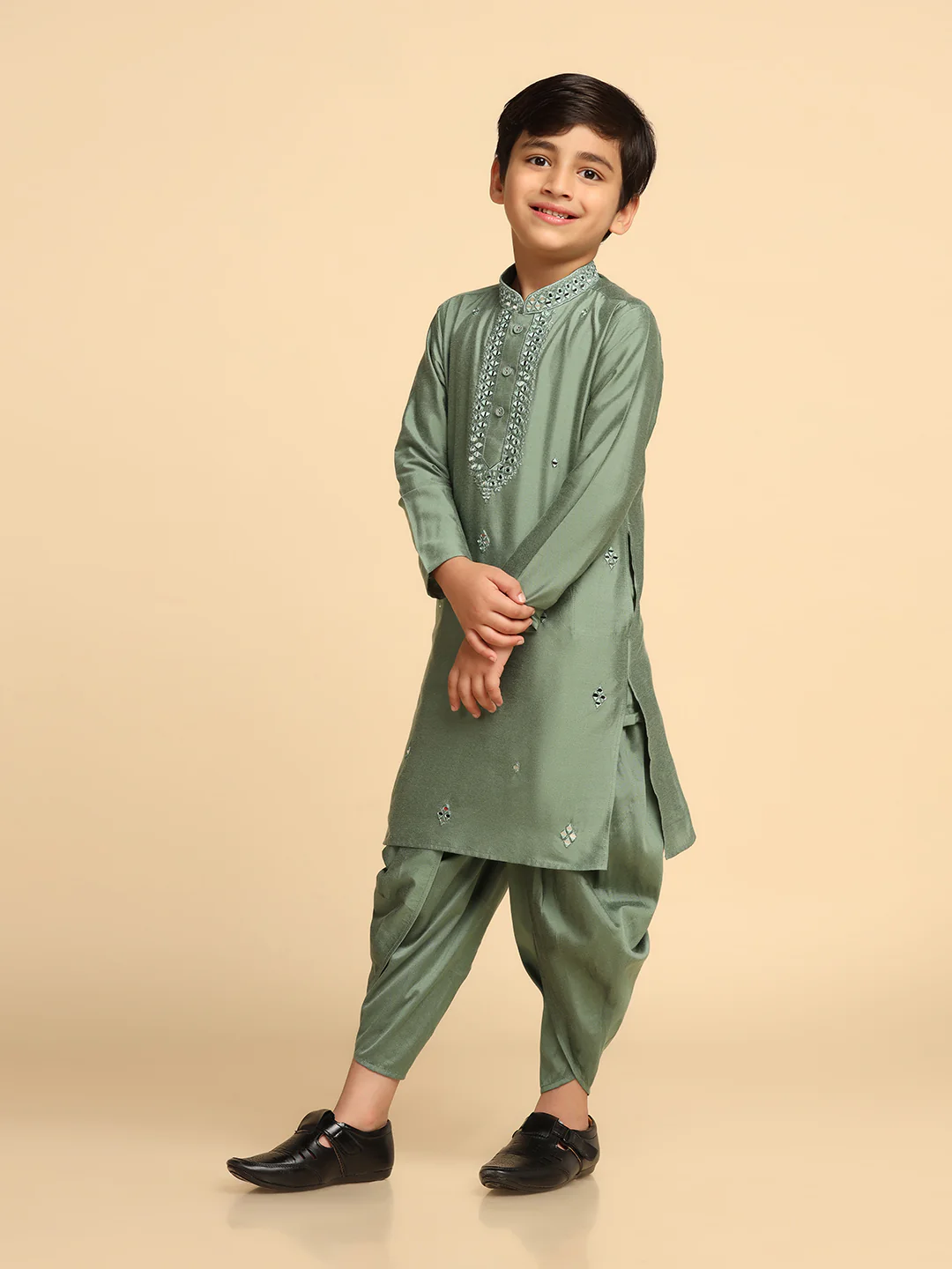 Boy's Green kurta Dhoti Set - Image 3