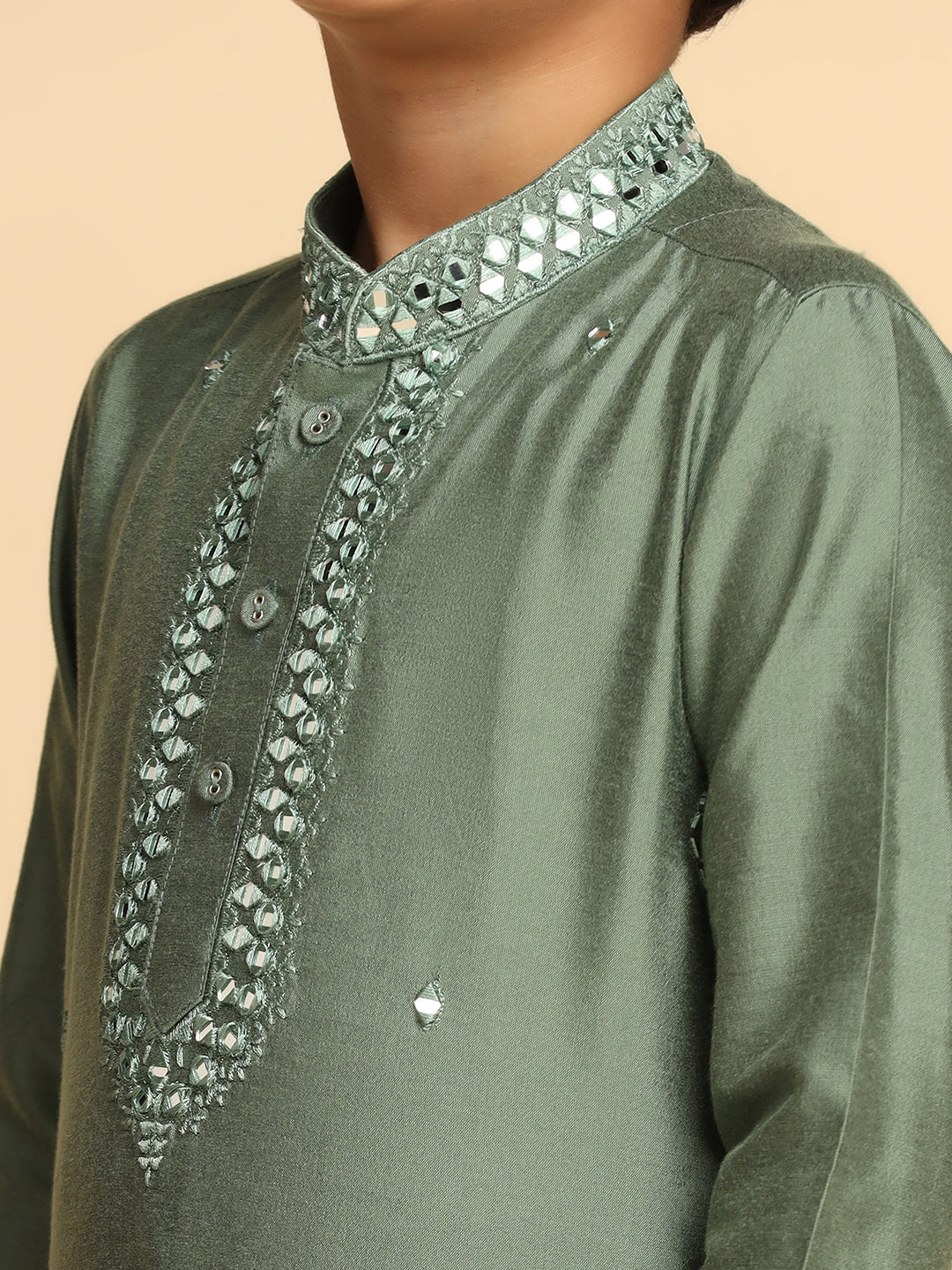 Boy's Green Self Design Kurta - Image 2