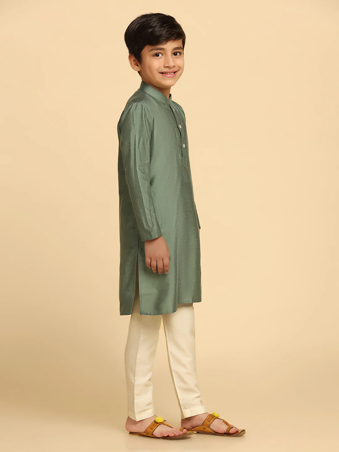 Boy's Green Solid Kurta Churidar Set - Image 2