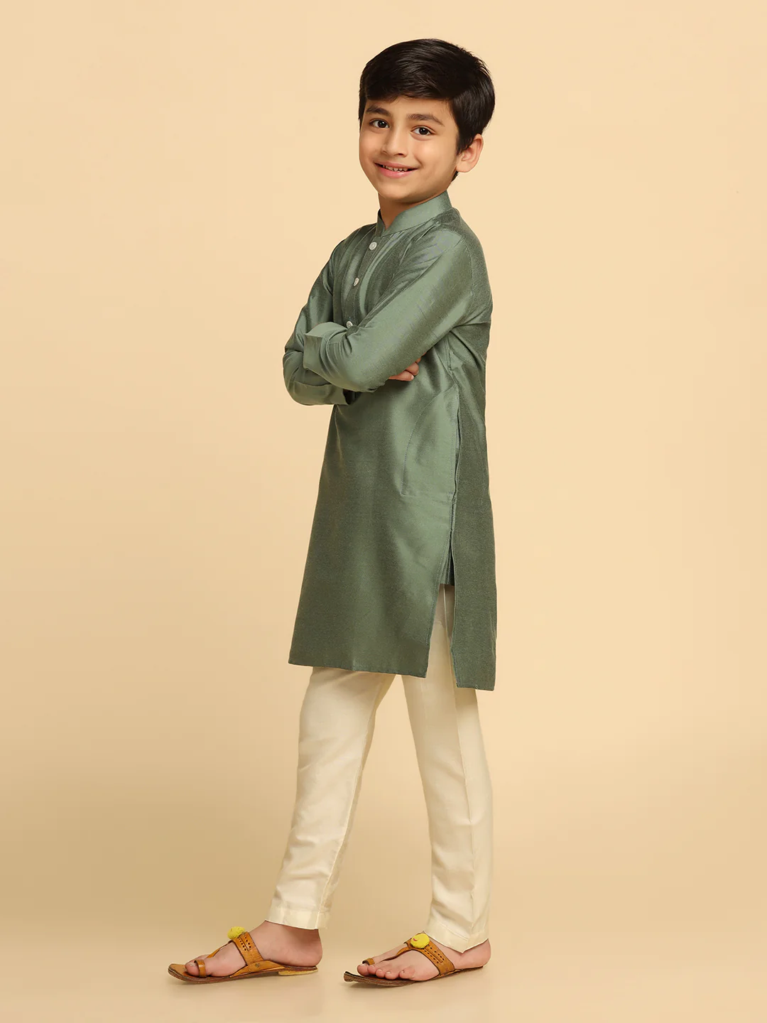 Boy's Green Solid Kurta Churidar Set - Image 3