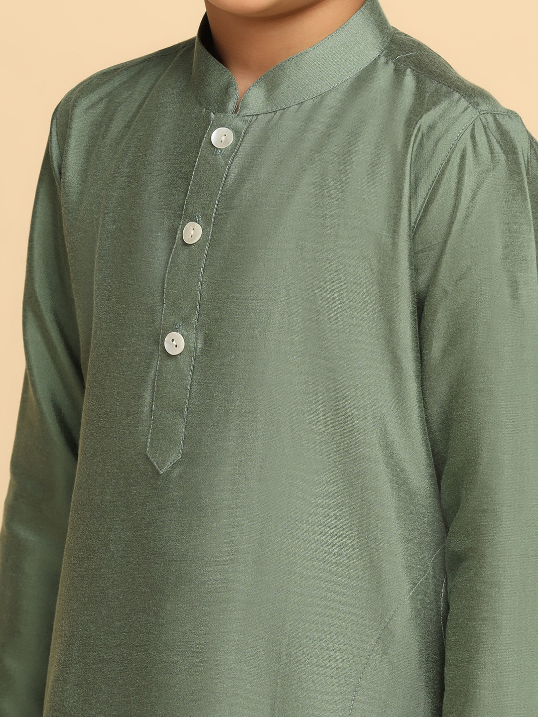 Boy's Green Solid Kurta Churidar Set - Image 5
