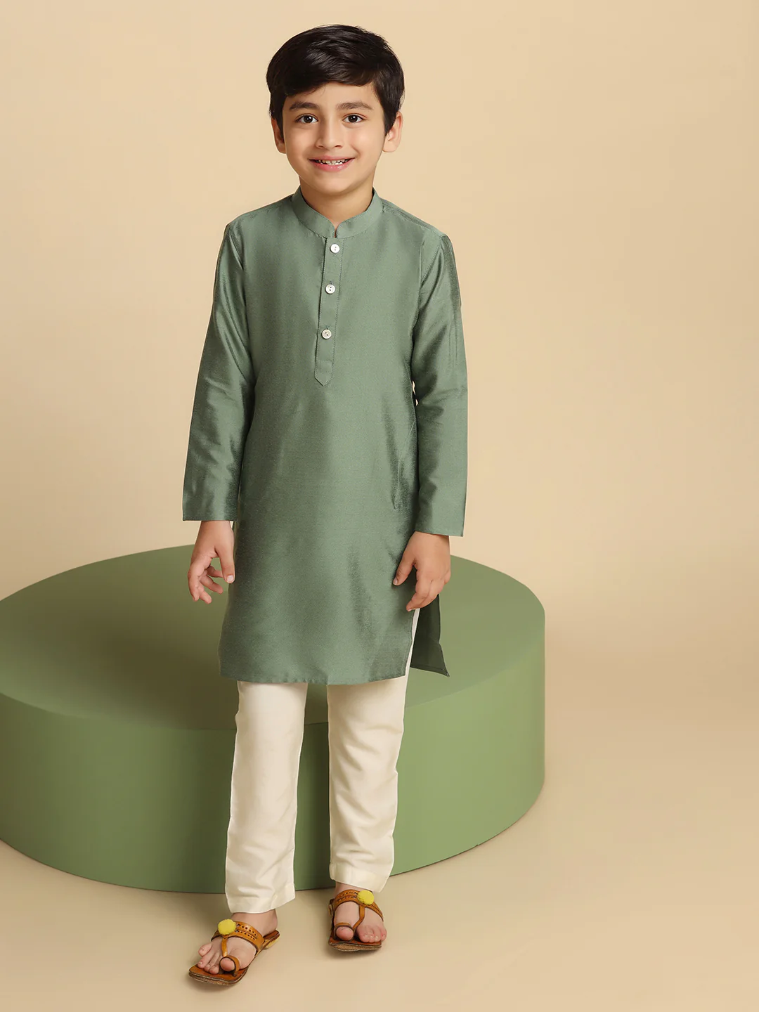 Boy's Green Solid Kurta Churidar Set - Image 7