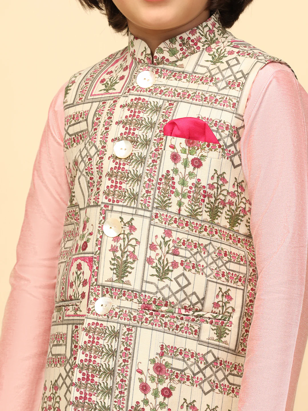 Boy's Green Printed Nehru Jacket - Image 5