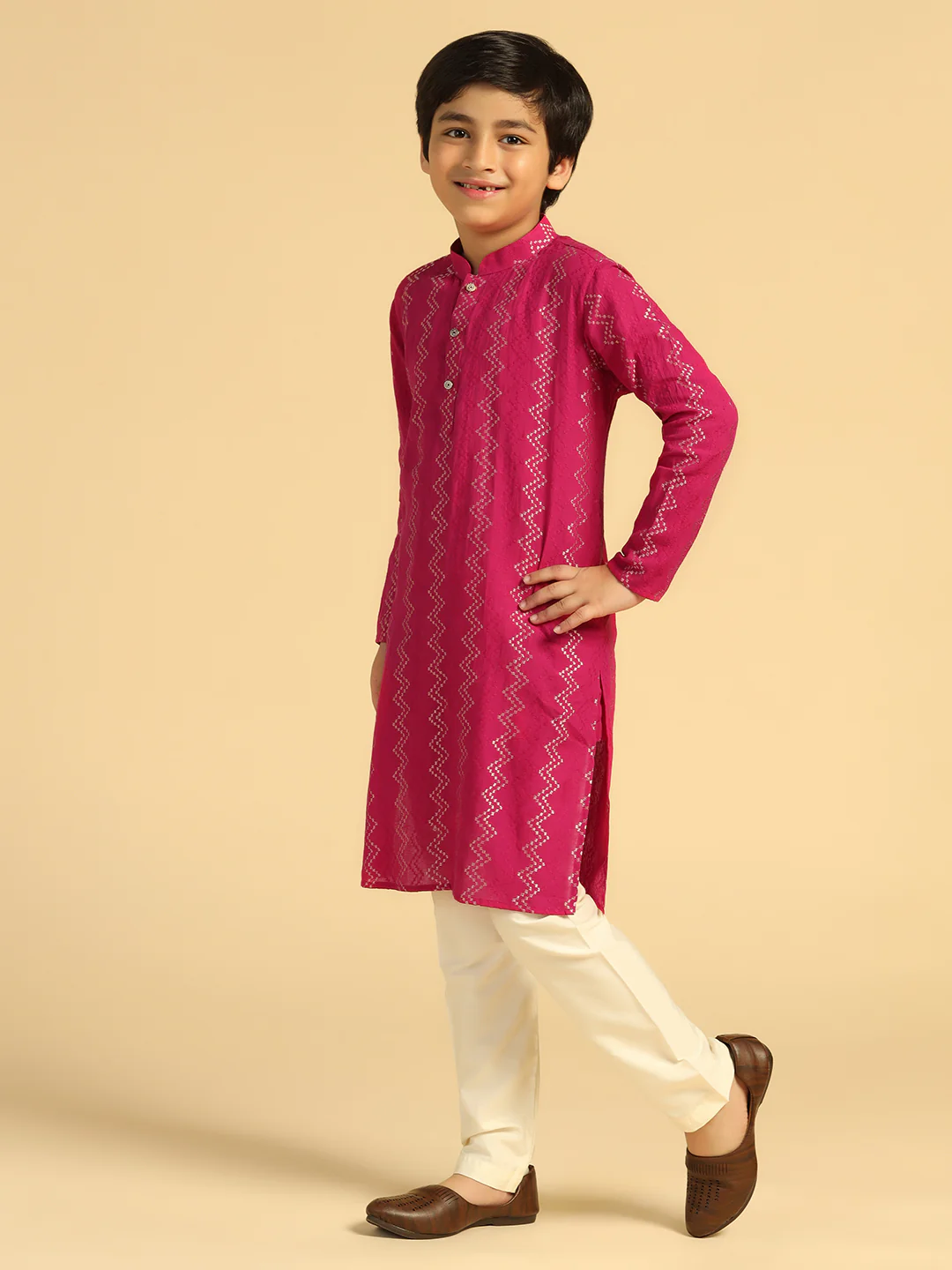 Boy's Hot Pink Embroidered Kurta Pyjama Set - Image 2
