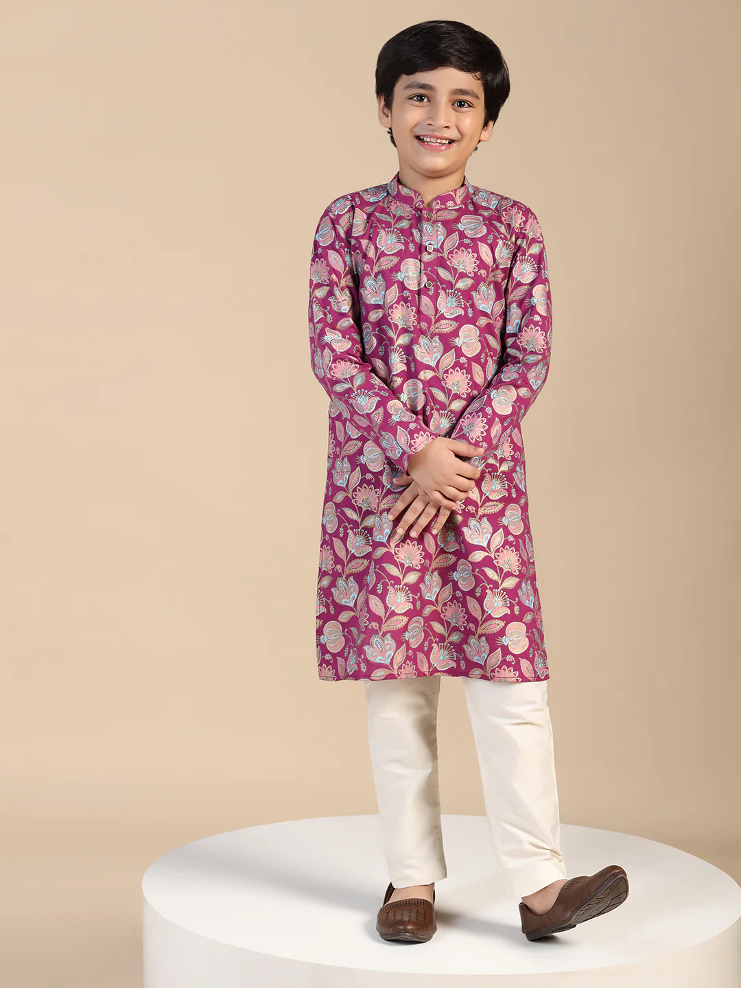 Boy's Hot Pink Floral Printed Kurta - Image 6