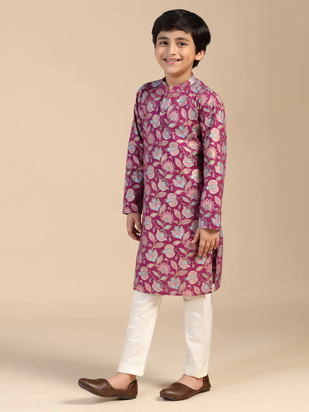 Boy's Hot Pink Floral Printed Kurta Pyjama Set - Image 2