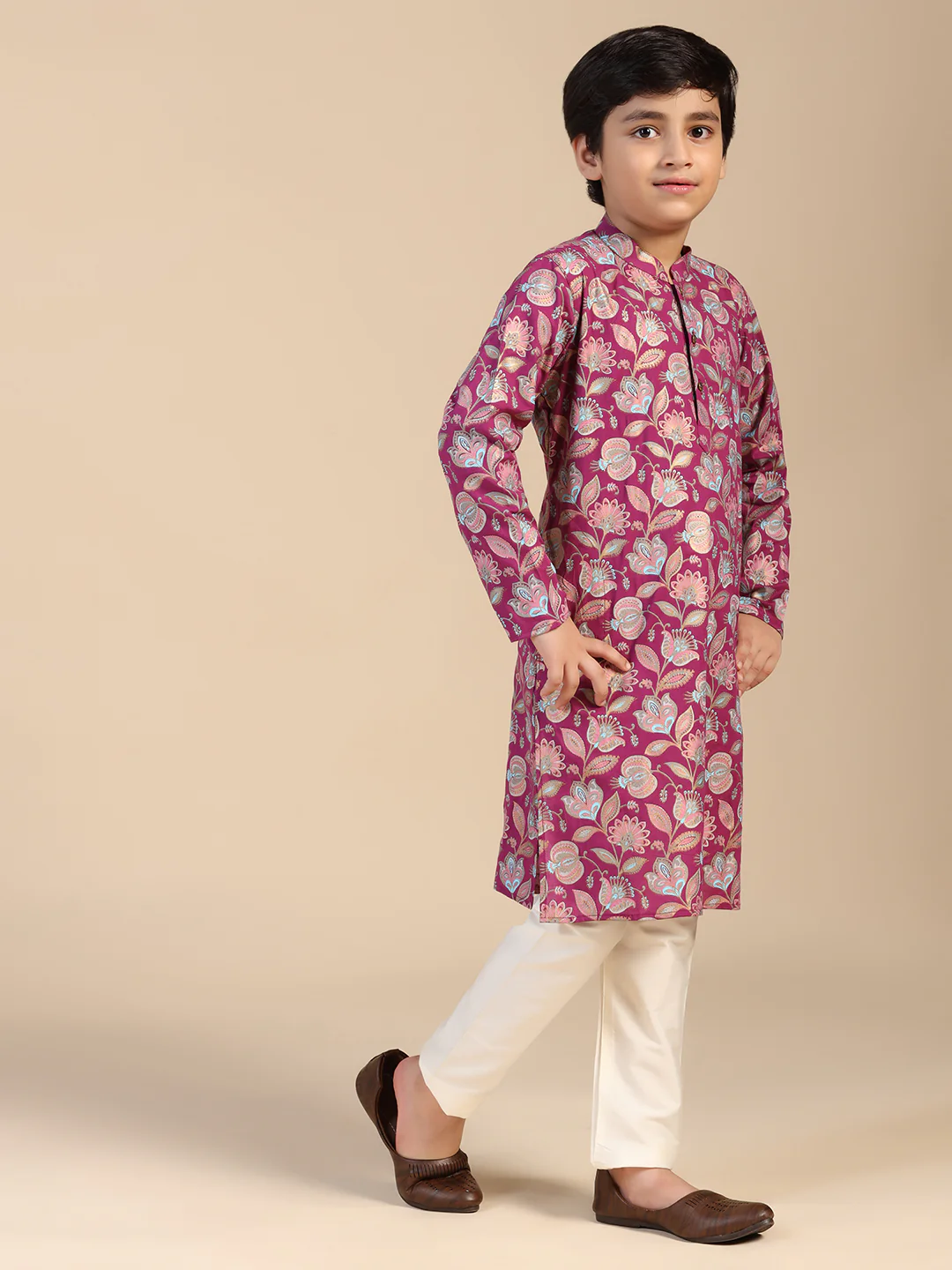 Boy's Hot Pink Floral Printed Kurta Pyjama Set - Image 3