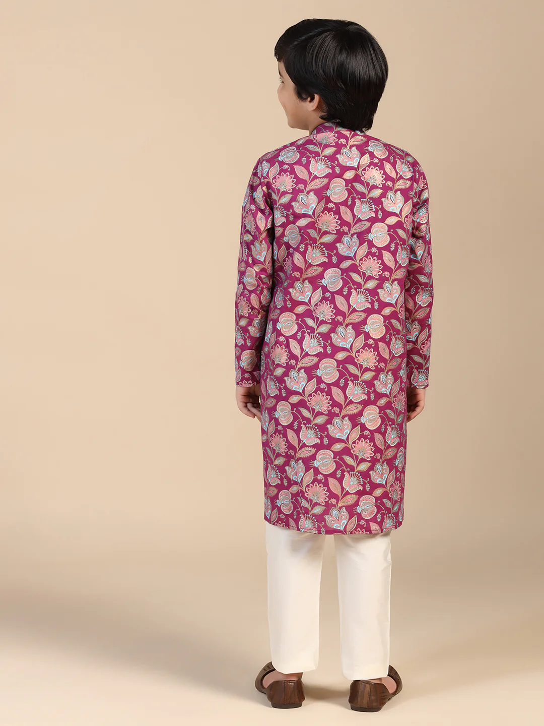 Boy's Hot Pink Floral Printed Kurta Pyjama Set - Image 4
