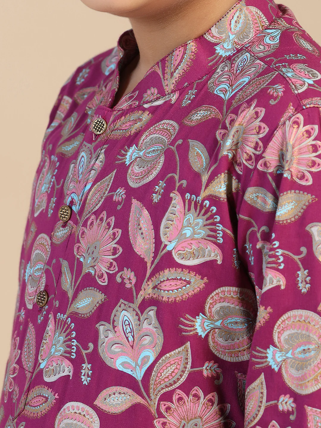 Boy's Hot Pink Floral Printed Kurta Pyjama Set - Image 5