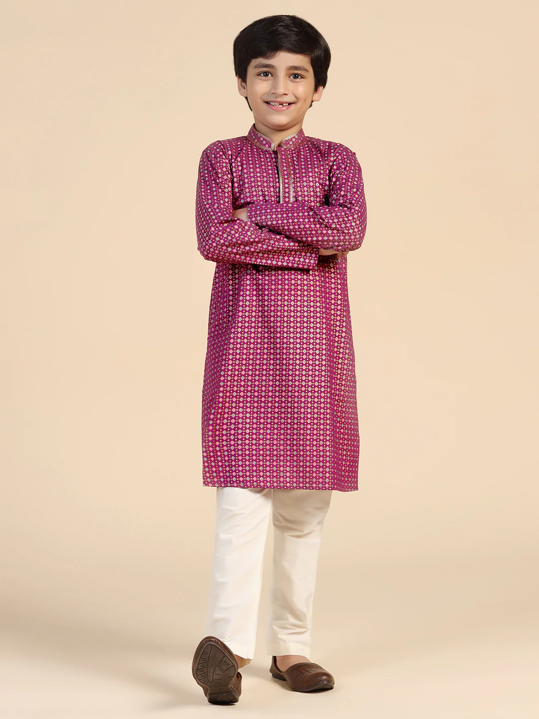 Boy's Hot Pink Printed Kurta Pyjama Set - Image 8