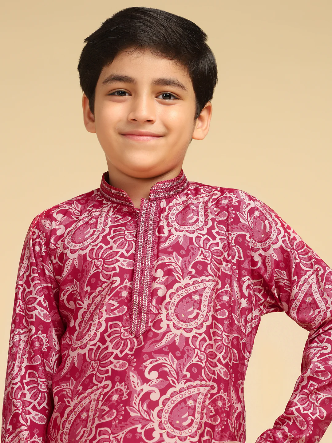 Boy's Hot Pink Printed Paisley Kurta - Image 7