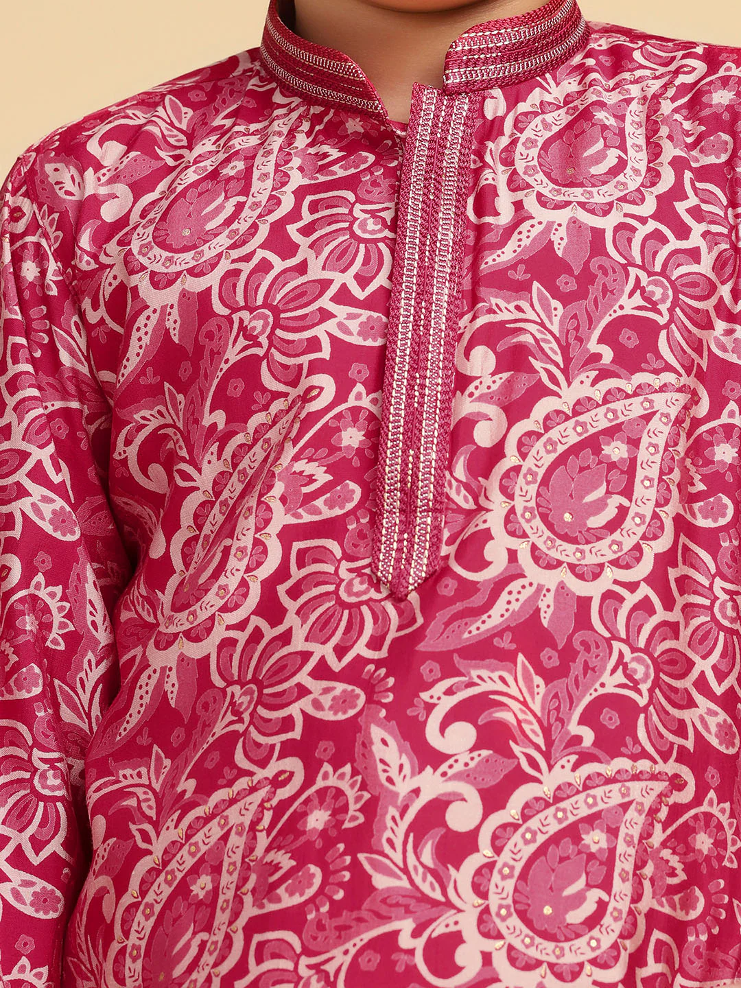 Boy's Hot Pink Printed Paisley Kurta Pyjama Set - Image 5
