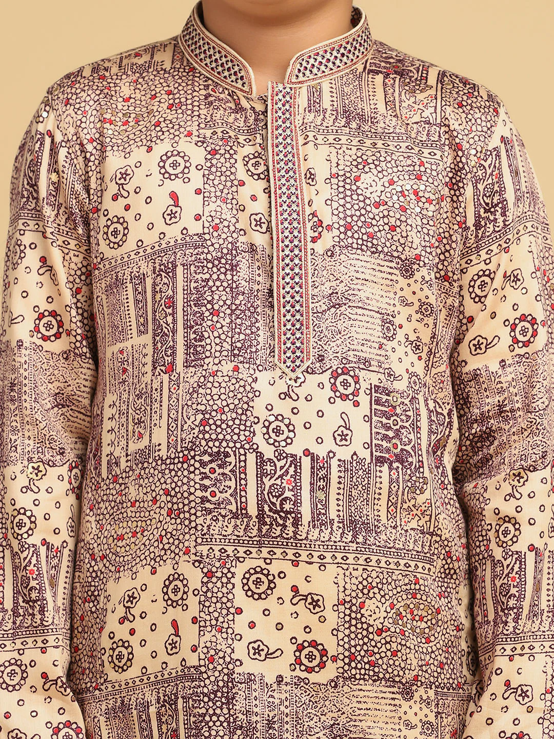 Boy's Magenta Foil Print Abstract Kurta - Image 5