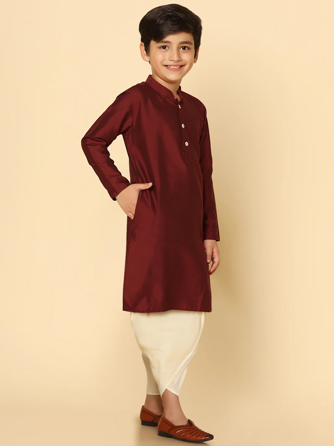 Boy's Maroon Kurta Dhoti Set - Image 3