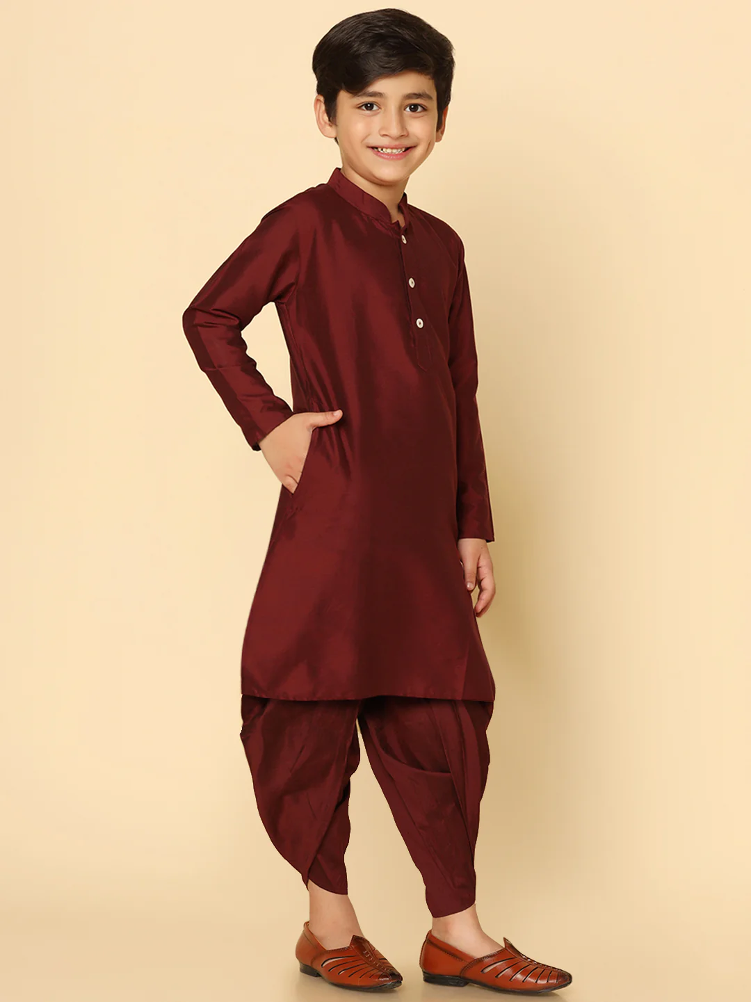 Boy's Maroon Kurta Dhoti Set - Image 3