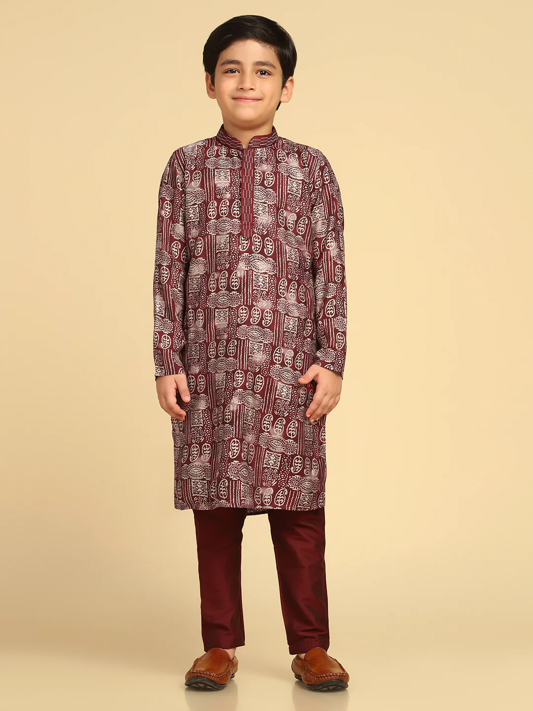 Boy's Maroon Printed Paisley Kurta Pyjama Set