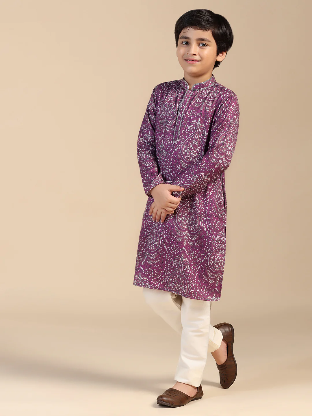Boy's Mauve Printed Ethnic Motifs Kurta - Image 2