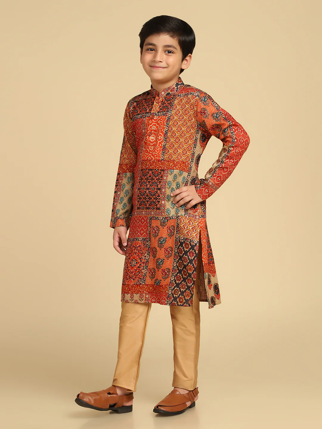 Boy's Multi Foil Print Abstract Kurta Pyjama Set - Image 2