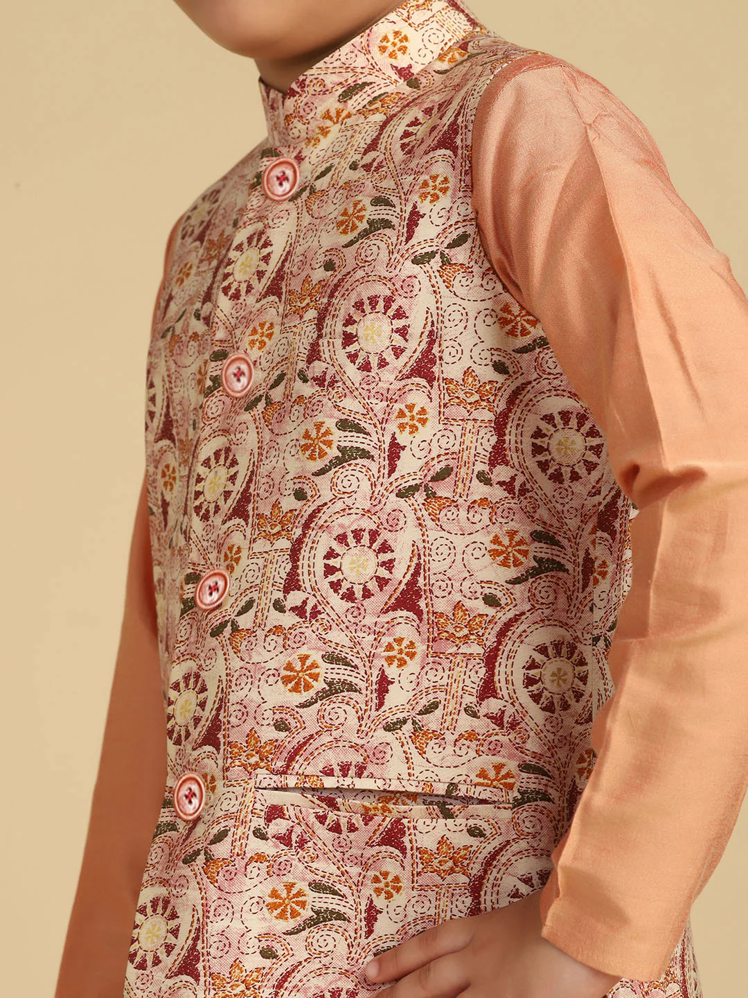Boy's Multi Kantha Print Kurta Nehru Jacket Pyjama Set - Image 5