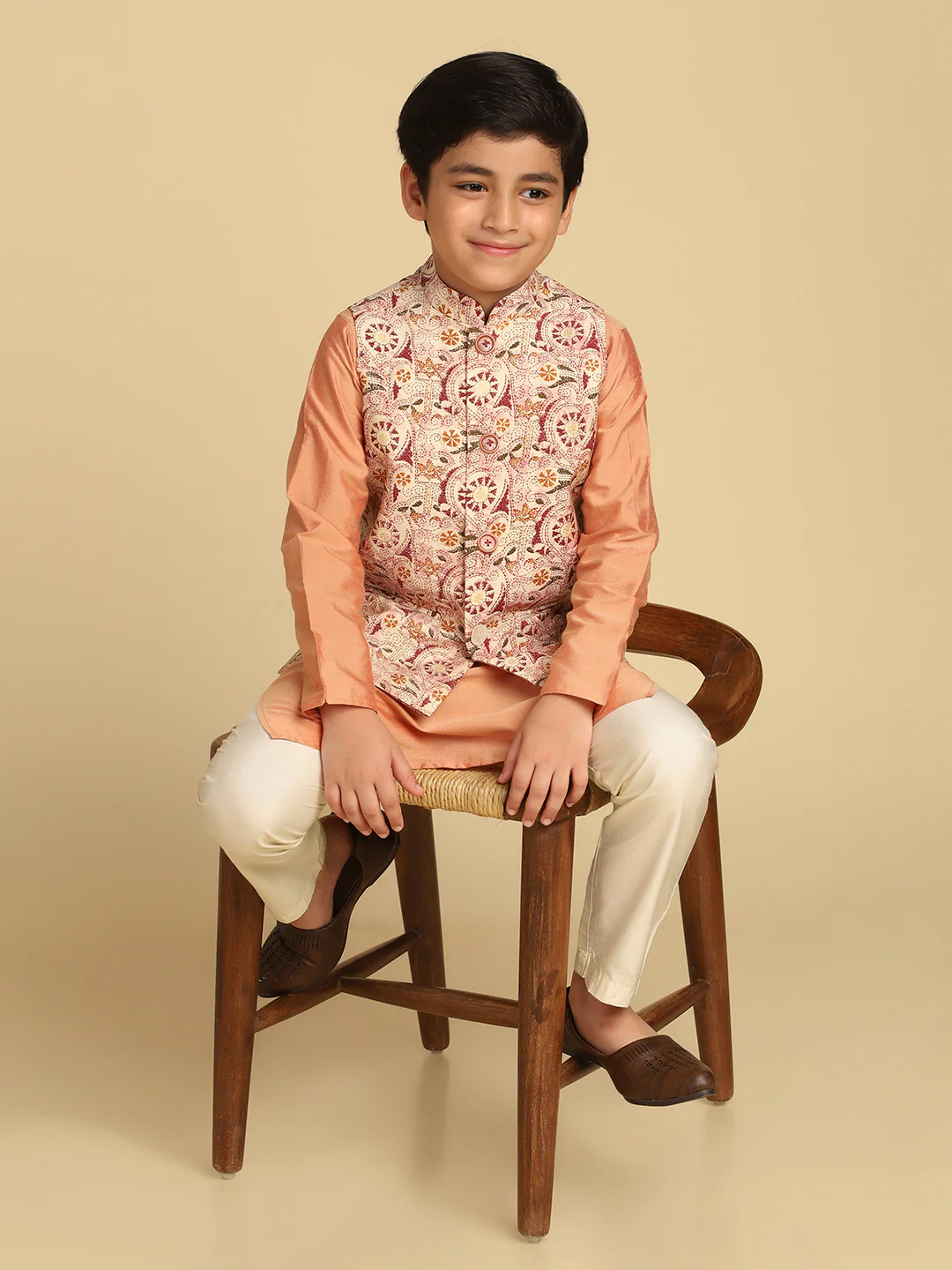 Boy's Multi Kantha Print Kurta Nehru Jacket Pyjama Set - Image 9