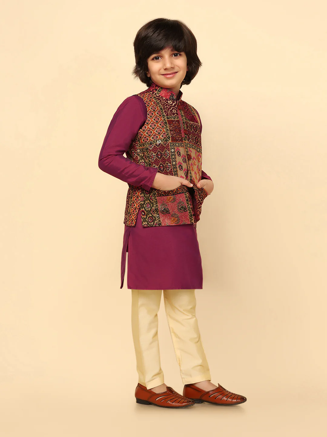 Boys Multi Kurta Jacket Pyjama Set - Image 2