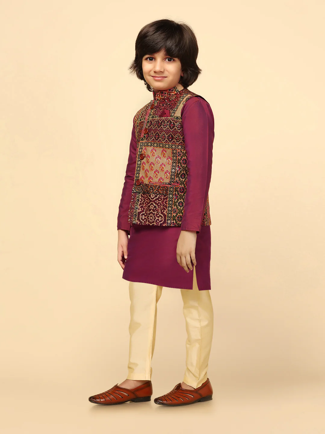 Boys Multi Kurta Jacket Pyjama Set - Image 3