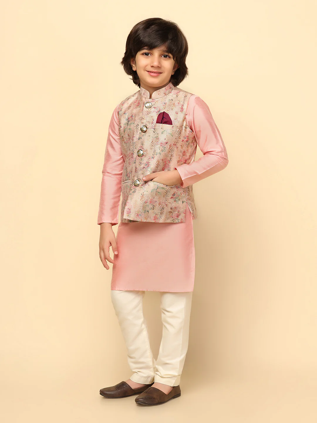 Boy's Pink Printed Kurta Jacket Churidar - Image 3