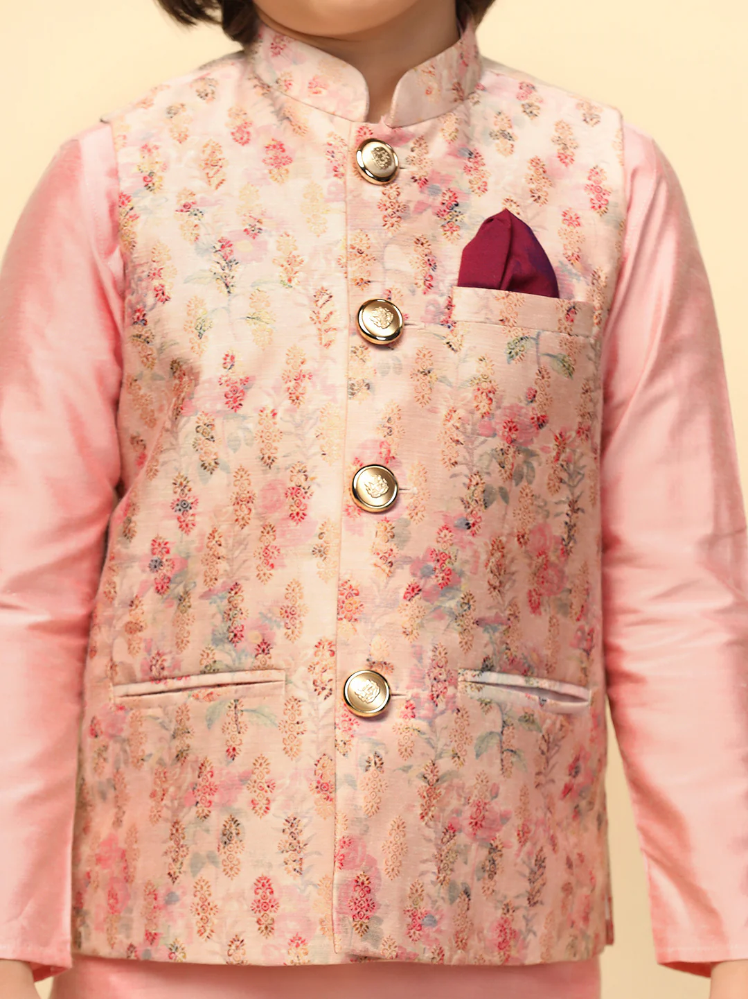 Boy's Pink Printed Kurta Jacket Churidar - Image 5