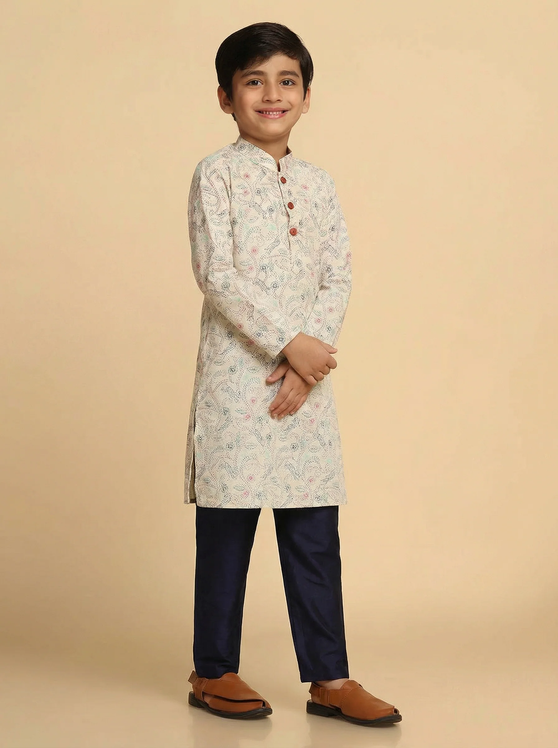 Boy's Green Printed Kurta - Image 3