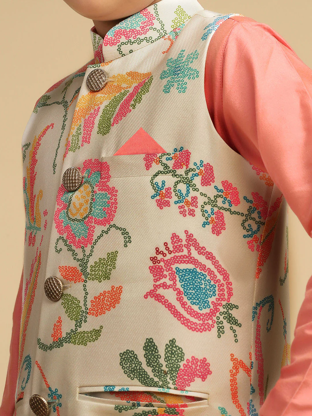 Boy's Multi Printed Bandhani Kurta Nehru Jacket Pyjama Set - Image 5