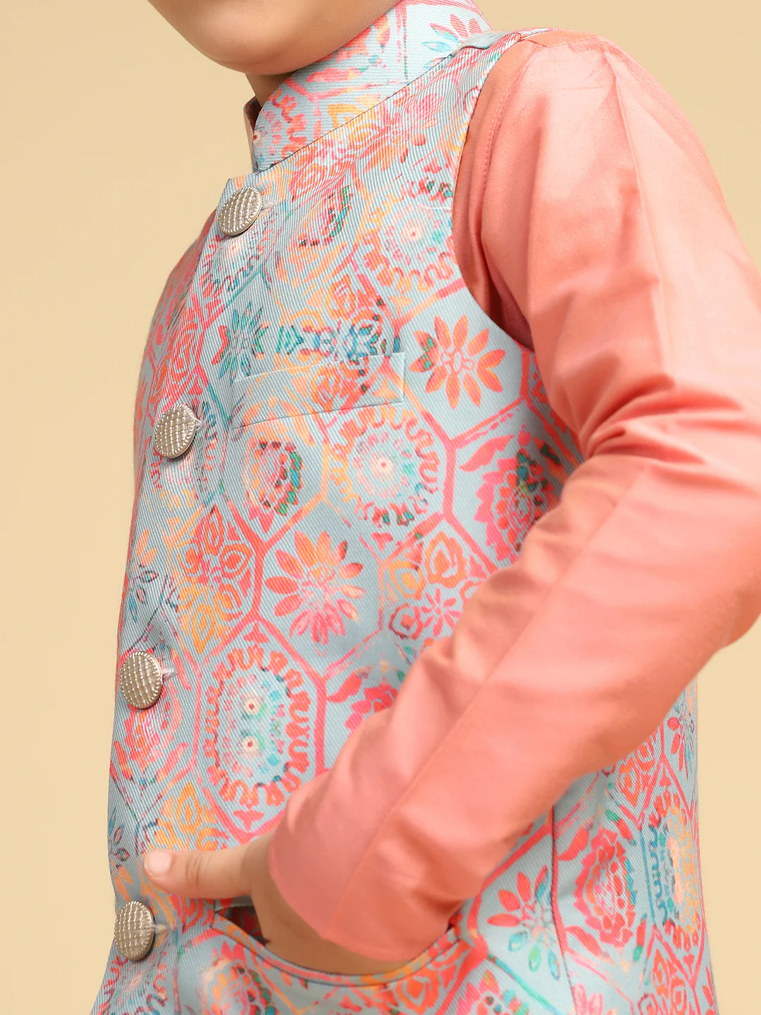 Boy's Multi Printed Ethnic Motifs Kurta Nehru Jacket Pyjama Set - Image 5