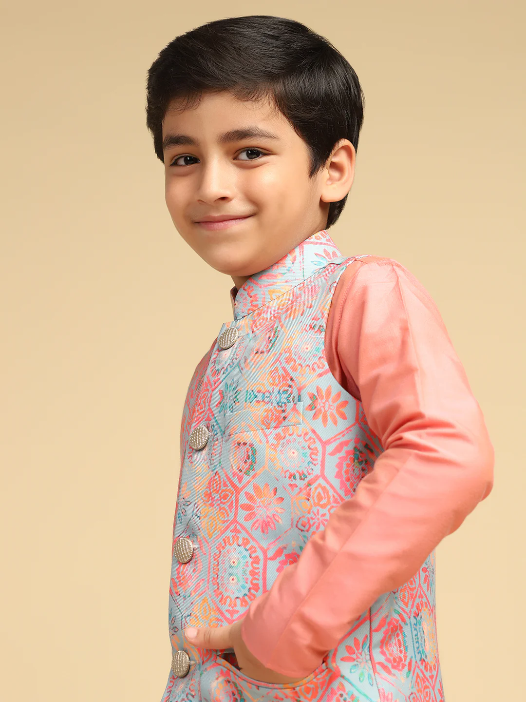 Boy's Multi Printed Ethnic Motifs Nehru Jacket - Image 7