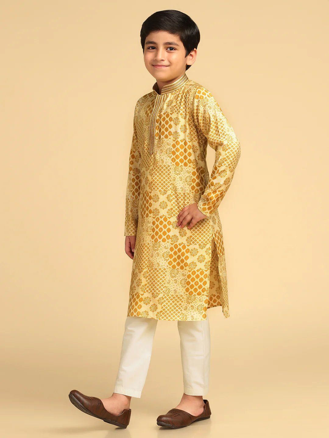 Boy's Mustard Printed Ethnic Motifs Kurta - Image 3
