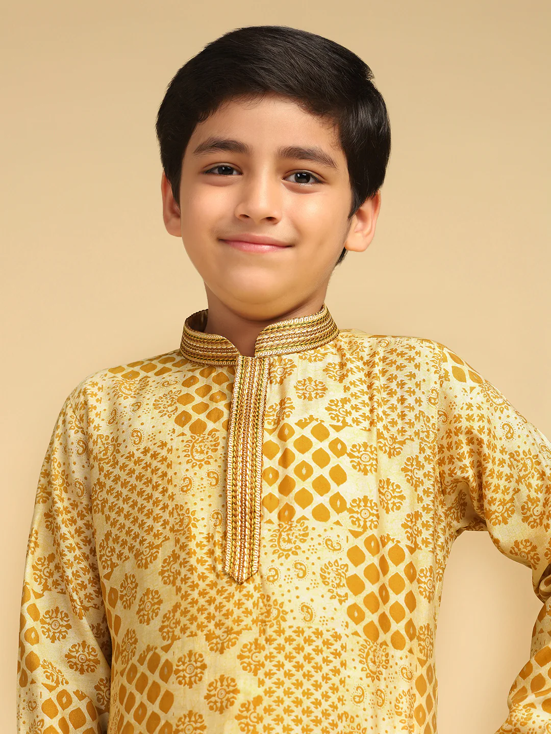 Boy's Mustard Printed Ethnic Motifs Kurta - Image 7