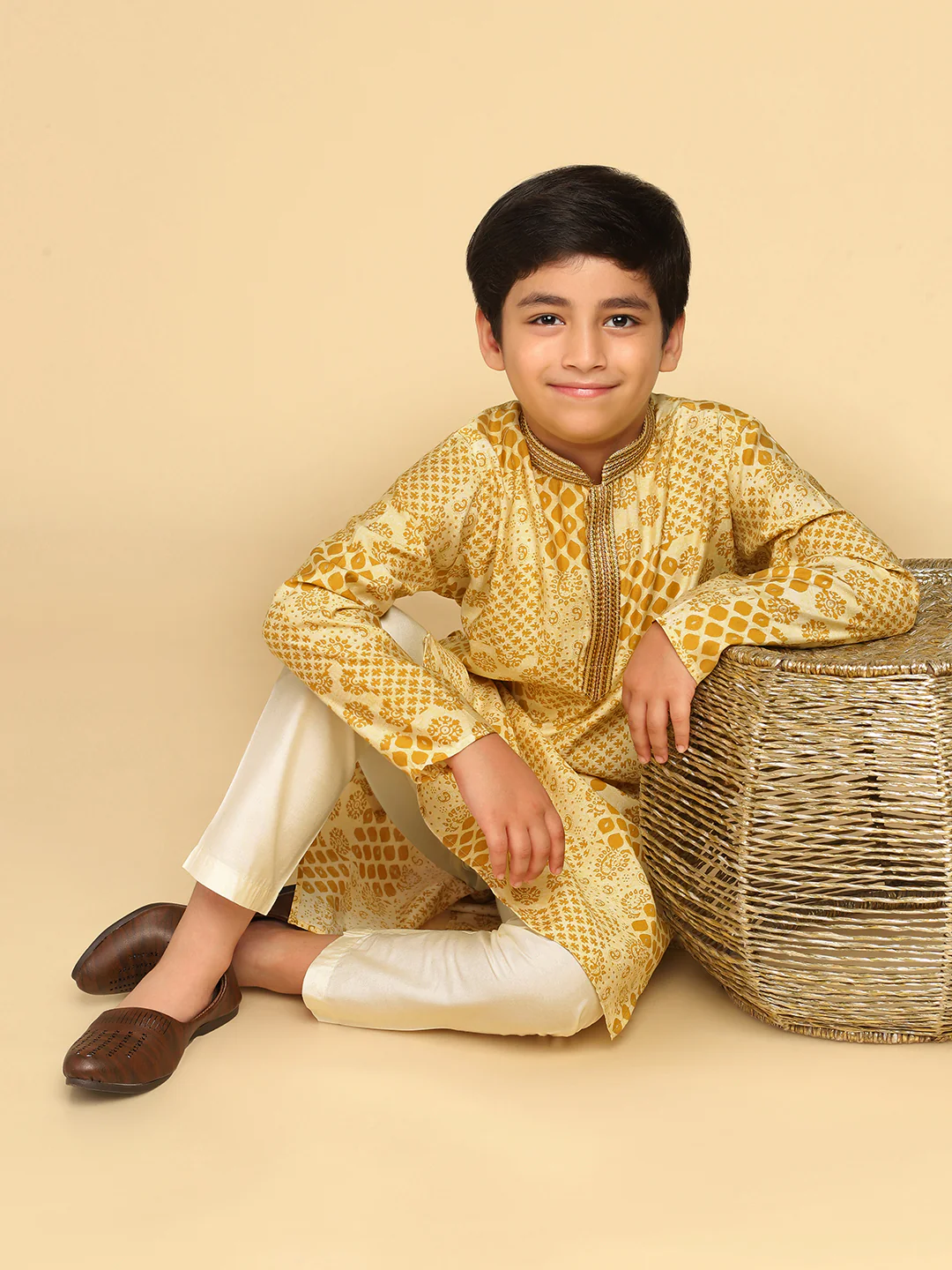 Boy's Mustard Printed Ethnic Motifs Kurta - Image 8