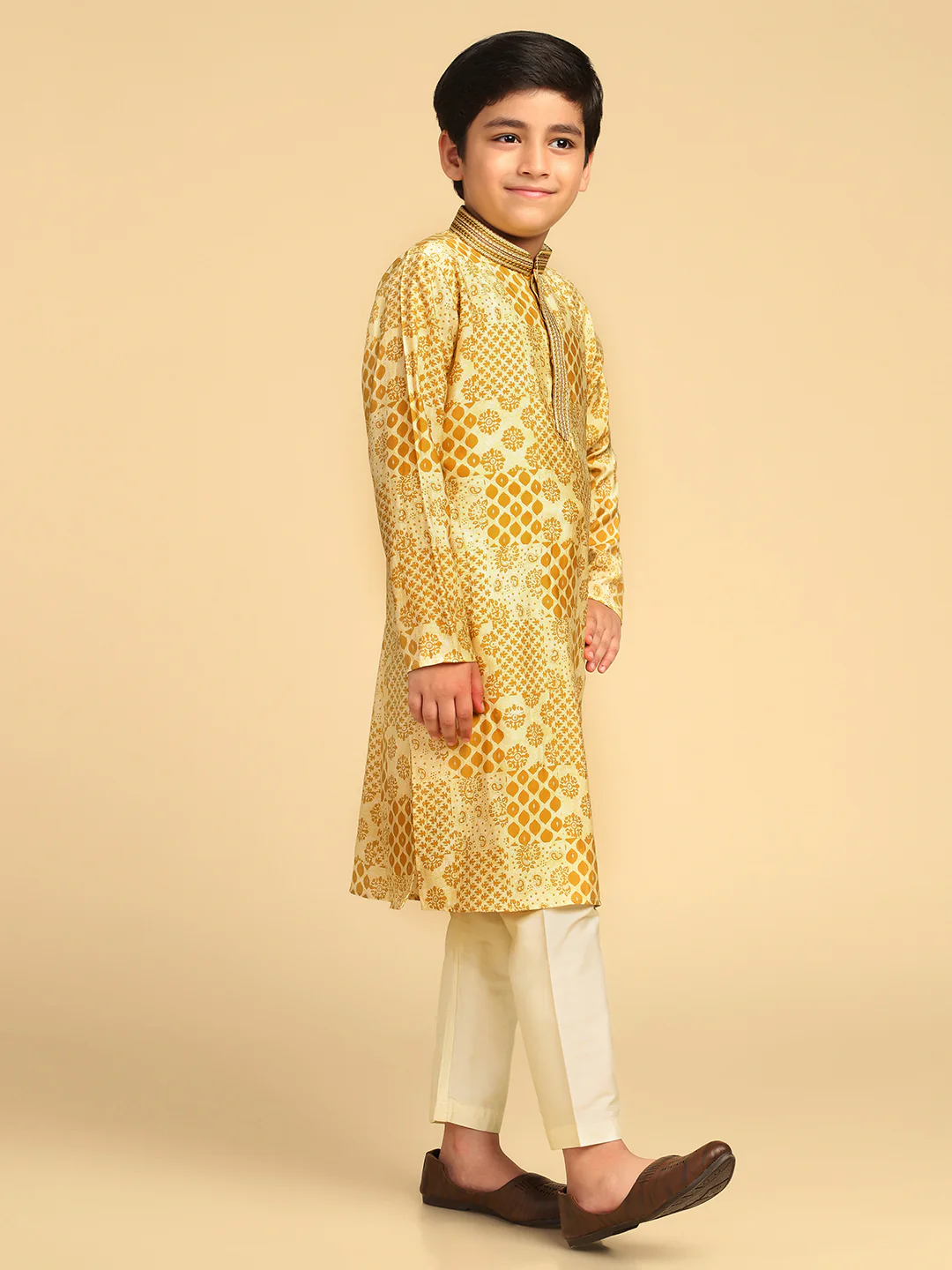 Boy's Mustard Printed Ethnic Motifs Kurta Pyjama Set - Image 2
