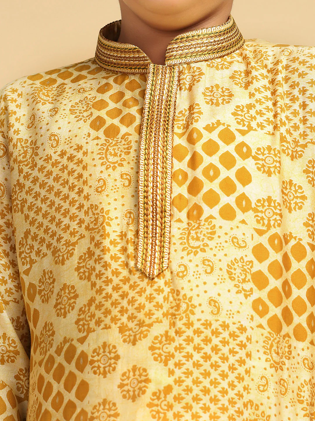 Boy's Mustard Printed Ethnic Motifs Kurta Pyjama Set - Image 5