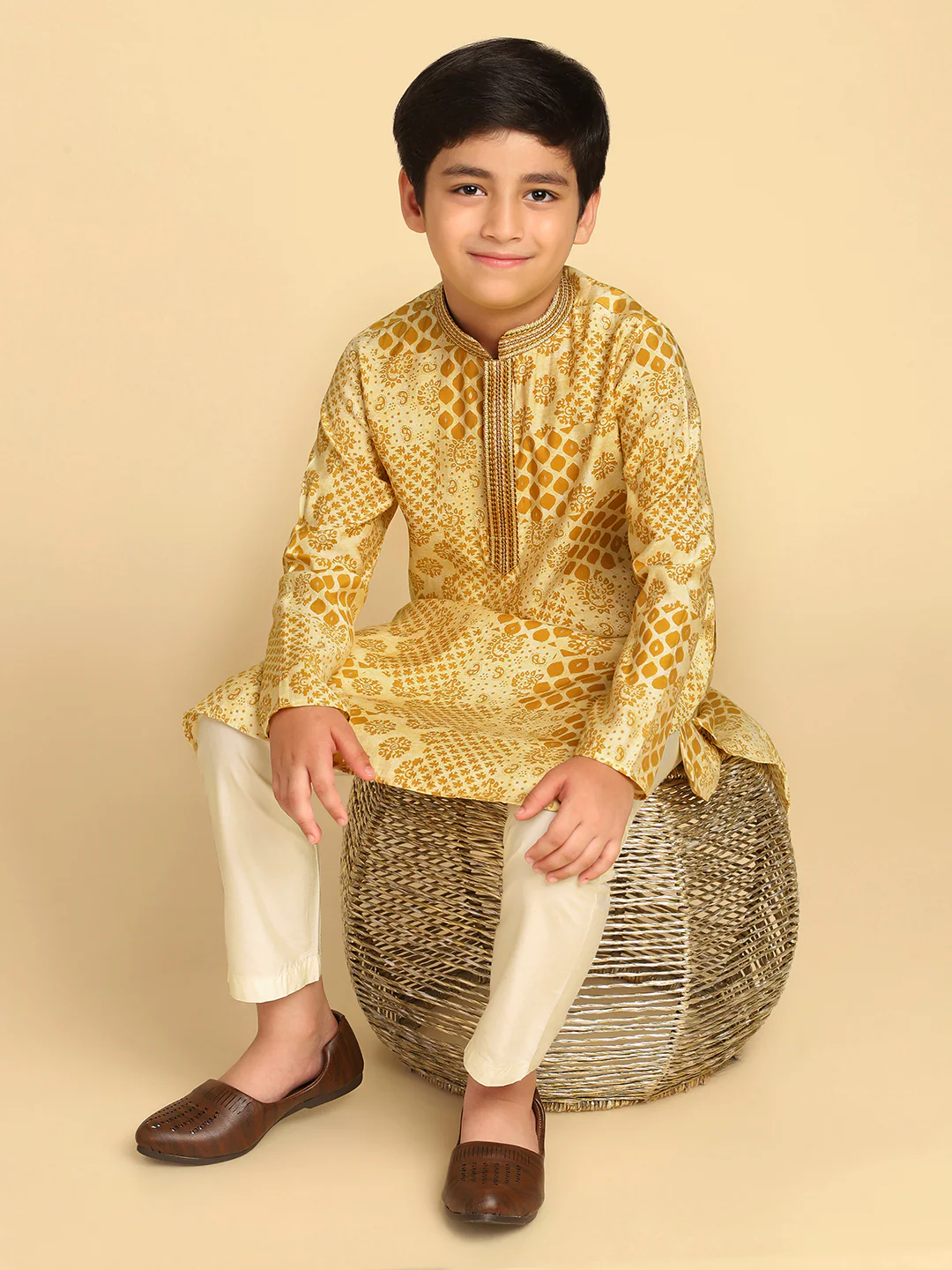 Boy's Mustard Printed Ethnic Motifs Kurta Pyjama Set - Image 7